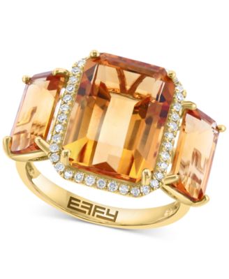 EFFY Collection - Citrine (10 ct. t.w.) & Diamond (1/5 ct. t.w.) Three Stone Ring in 14k Gold
