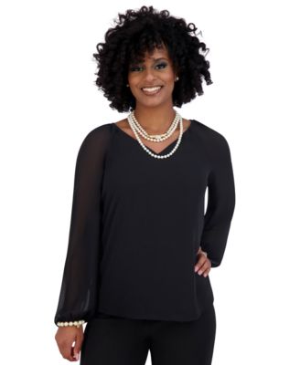 Kasper - Women's V-Neck Raglan-Long-Sleeve Blouse