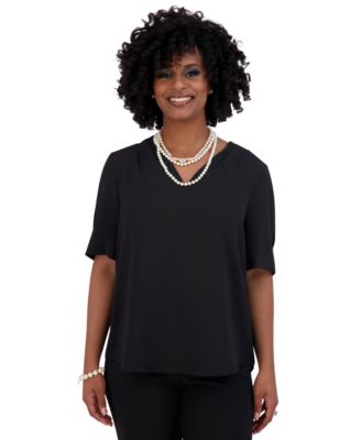 Kasper - Women's V-Neck Pleated-Shoulder Elbow-Sleeve Top