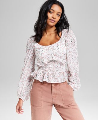 And Now This - Women's Printed Ruffle-Trim Smocked Top