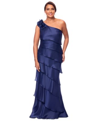 XSCAPE - Petite One-Shoulder Tiered Satin Gown