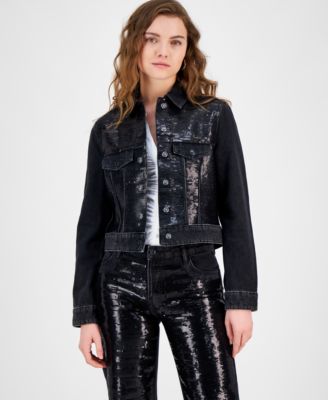 GUESS - Women's Clara Sequin-Front Denim Trucker Jacket