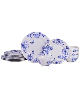 222 Fifth - Cassian Embossed Toile Blue Porcelain 12 Pc. Dinnerware Set, Service for 4