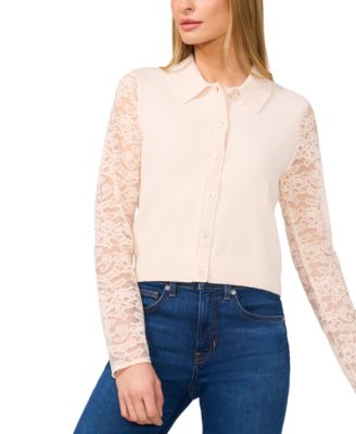 CeCe - Women's Lace-Sleeve Button-Front Collared Blouse