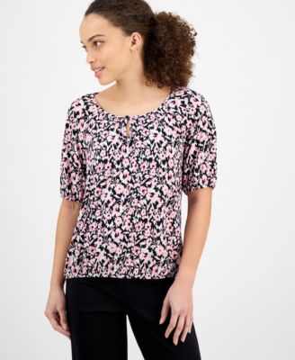 AK Anne Klein - Petite Elbow-Sleeve Keyhole-Cutout Floral-Print Top