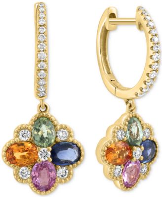 EFFY Collection - Multi-Sapphire (1-7/8 ct. t.w.) & Diamond Flower Dangle Hoop Earrings in 14k Gold