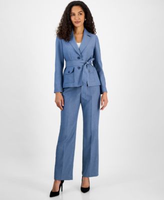 Le Suit - Women's Two-Button Belted Safari Jacket & Mid-Rise Straight-Leg Pants