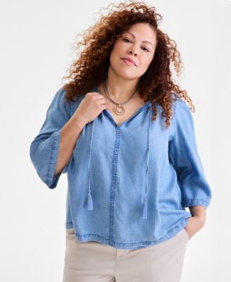 Style & Co - Plus Size Split-Neck Tasseled-Tie Top