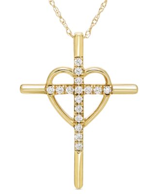 Macy's - Diamond Heart & Cross 18" Pendant Necklace (1/6 ct. t.w.) in 10k Gold