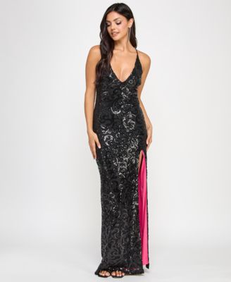 pear culture - Juniors' Sequin Plunge-Neck Side-Slit Gown