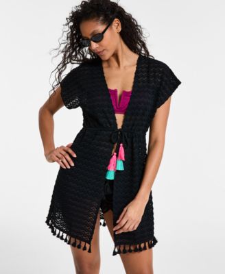 Miken - Juniors' Crochet Tassel-Trimmed Tie-Front Kimono Cover-Up