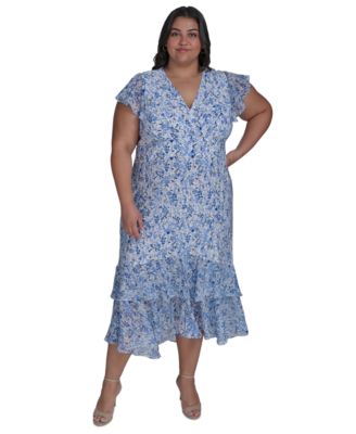 Tommy Hilfiger - Plus Size Floral Print Chiffon Flutter-Sleeve Midi Dress