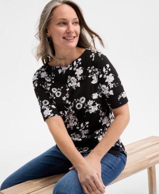 Style & Co - Petite Floral Elbow-Sleeve Knit Top