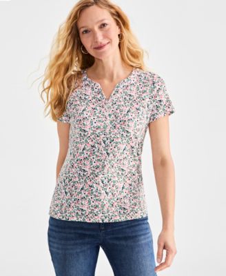 Style & Co - Women's Ditsy-Print Split-Neck Short-Sleeve Top