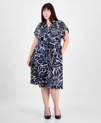 Sandra Darren - Plus Size Floral-Print Tie-Waist Satin Midi Dress