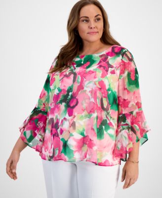 Kasper - Plus Size Floral-Print Bell-Sleeve Blouse