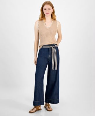 Tommy Hilfiger - Women's Belted High Rise Wide-Leg Jeans