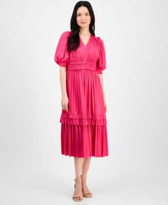 T Tahari - Women's V-Neck Smocked-Waist Tiered Dress