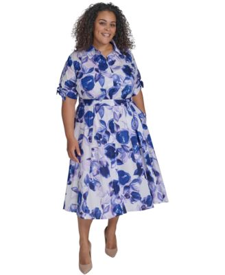 Calvin Klein - Plus Size Printed Tie-Waist Cotton Shirtdress