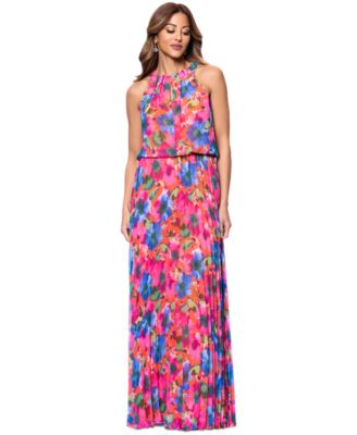 XSCAPE - Women's Floral Chiffon Pleated Halter Gown
