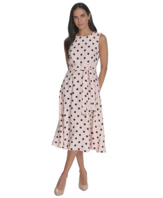 Calvin Klein - Women's Printed Jewel-Neck Tie-Waist Dress