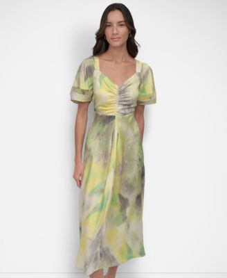 DKNY - Women's Printed Ruched-Front Puff-Sleeve Dress