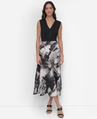 DKNY - Women's Sleeveless Mixed-Media Midi Dress