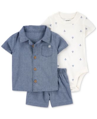 Carter's - Baby Boys 3-Pc. Cotton Chambray Top, Shorts & Anchor-Print Bodysuit Set