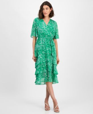 Sandra Darren - Petite Printed Chiffon Tie-Waist Flutter-Sleeve Dress