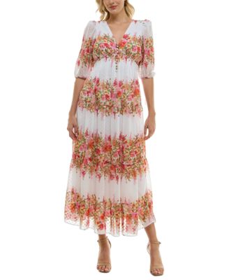 Taylor - Women's Floral-Striped Swiss-Dot Chiffon Dress