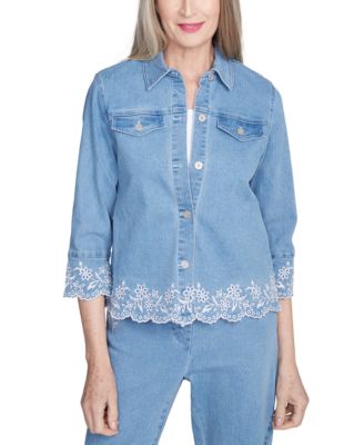 Alfred Dunner - Petite Embroidered Scallop-Edge Denim Jacket