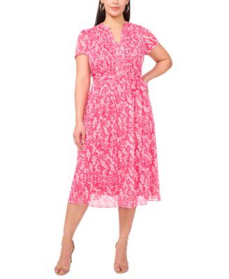 MSK - Plus Size Printed Split-Neck Short-Sleeve Chiffon Dress