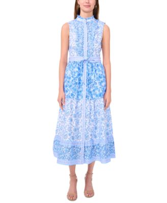 MSK - Petite Printed Ruffle-Neck Button-Front Maxi Dress