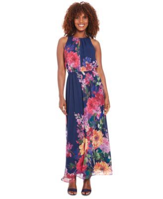 London Times - Petite Floral-Print Halter Maxi Dress