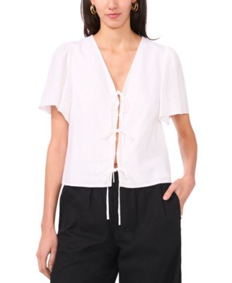 1.STATE - Women's Tie-Front Flutter-Sleeve V-Neck Top