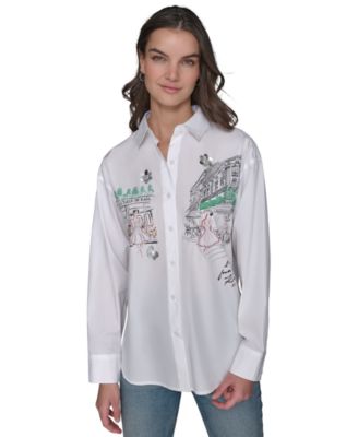 KARL LAGERFELD PARIS - Women's Cotton Paris Scene Embellished Blouse