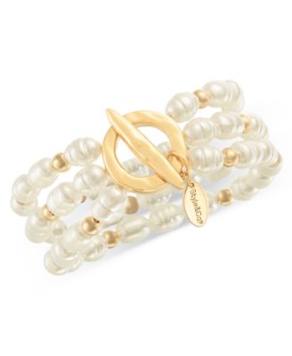 Style & Co - Gold-Tone Imitation Pearl Beaded Triple-Row Stretch Bracelet