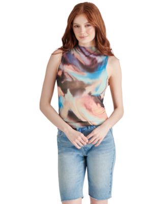 Steve Madden - Women's Mock-Neck Printed Sleeveless Mesh Top