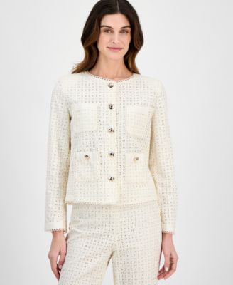 Anne Klein - Petite Cotton Button-Front Eyelet Jacket