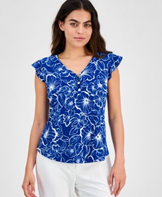 AK Anne Klein - Petite Printed V-Neck Ruffle-Sleeve Blouse