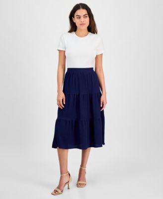 AK Anne Klein - Petite Three-Tiered Pull-On Midi Skirt