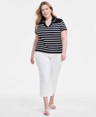 Liverpool - Plus Size Short-Sleeve Collared Sweater & Stride High-Rise Cropped Wide-Leg Jeans