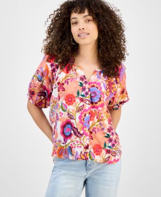 Liverpool Los Angeles - Petite Printed Button-Front Shirred Blouse