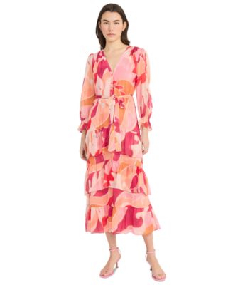 Donna Morgan - Women's Floral-Print Belted Tiered Shirtdress