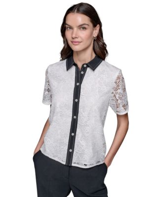 KARL LAGERFELD PARIS - Women's Crop Lace Contrast-Trim Camp Shirt