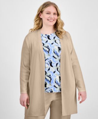 AK Anne Klein - Plus Size Open-Front Long-Sleeve Side-Slit Cardigan