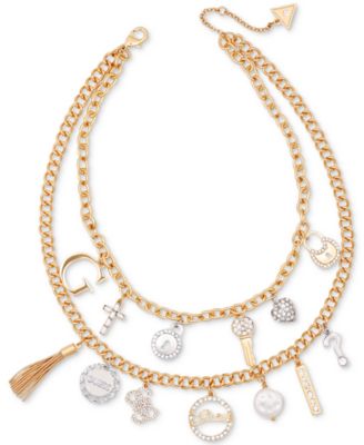 GUESS - Two-Tone Mixed Stone Multi-Charm Layered Necklace, 16" + 2" extender