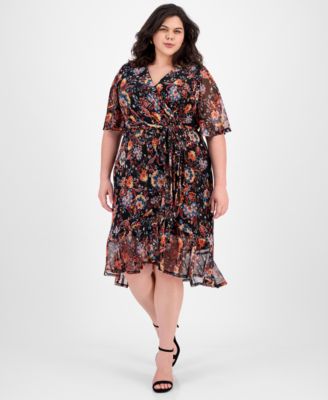 Connected - Plus Size Printed Mesh High-Low Faux-Wrap Dress