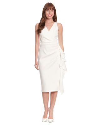 London Times - Petite Surplice-Neck Side-Ruffle Midi Dress