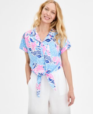 Charter Club - Women's Floral-Print 100% Linen Tie-Front Top